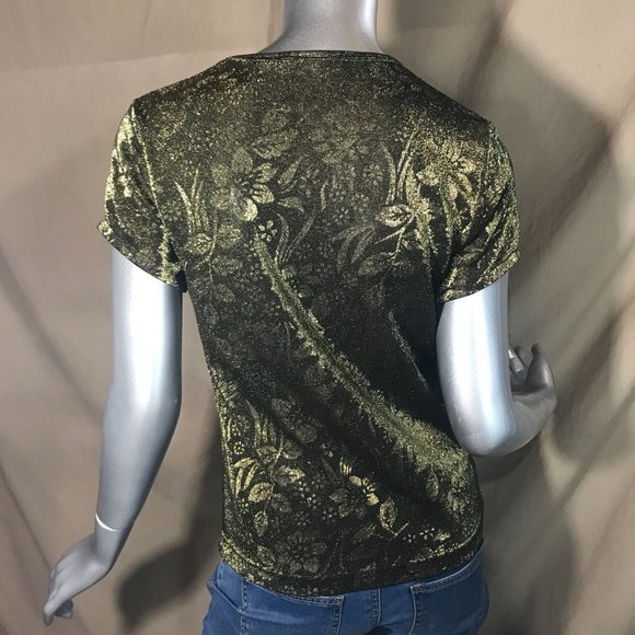 Vintage Small Crew Neck Floral Blouse Metallic Gold Shimmer Stretch Top - Picture 10 of 12